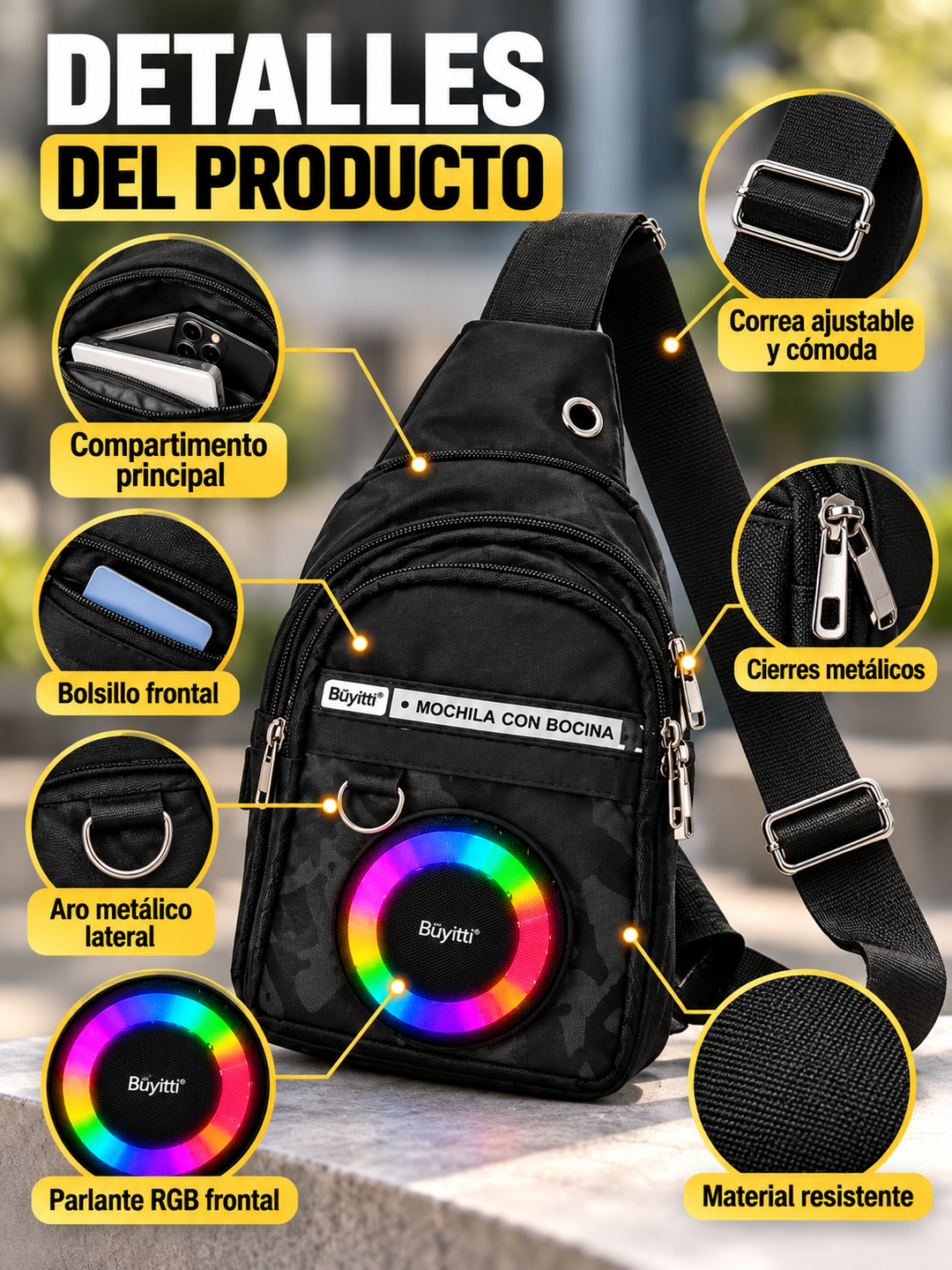 BOLSO PECHERA CON PARLANTE RGB 🔊✨🎒