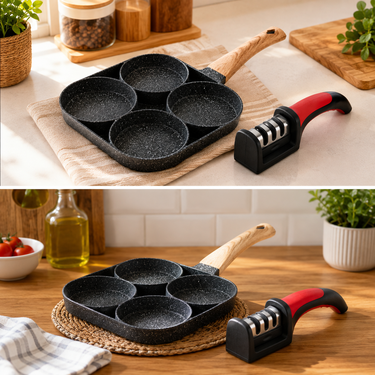 SARTÉN ANTIADHERENTE 4 EN 1 PARA COCINA RÁPIDA + AFILADOR DE CUCHILLOS DE REGALO