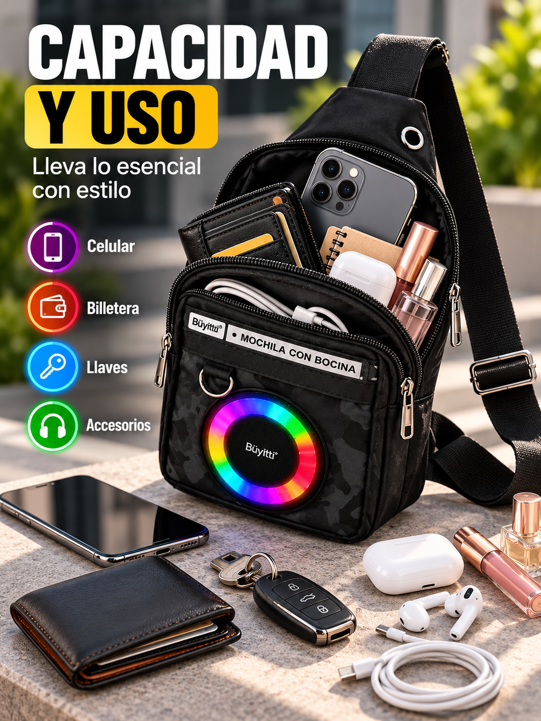 BOLSO PECHERA CON PARLANTE RGB 🔊✨🎒
