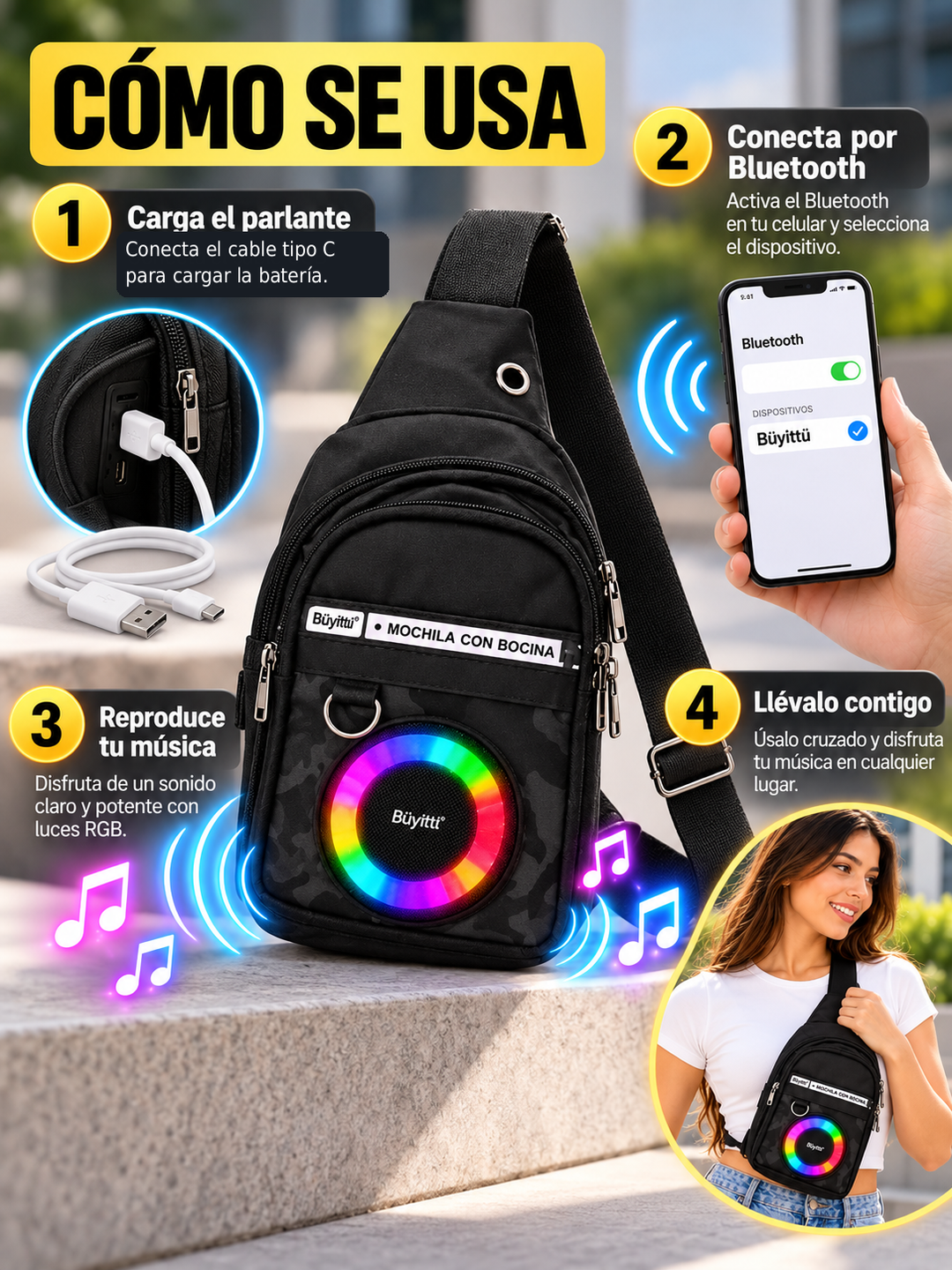 BOLSO PECHERA CON PARLANTE RGB 🔊✨🎒