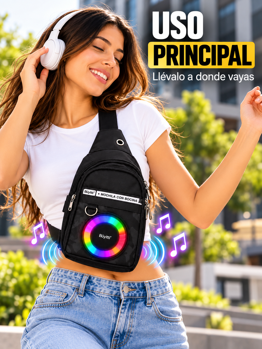 BOLSO PECHERA CON PARLANTE RGB 🔊✨🎒