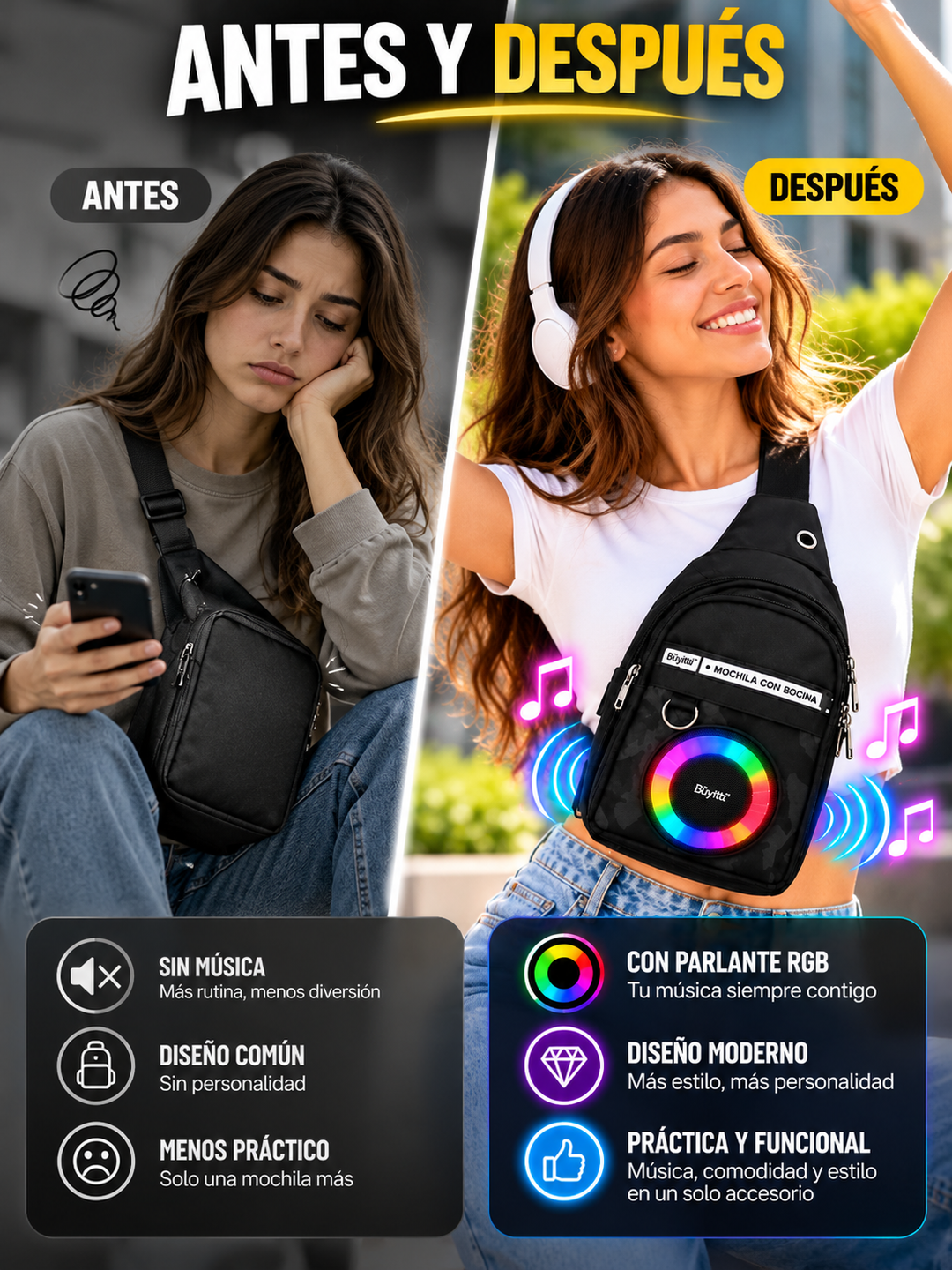 BOLSO PECHERA CON PARLANTE RGB 🔊✨🎒