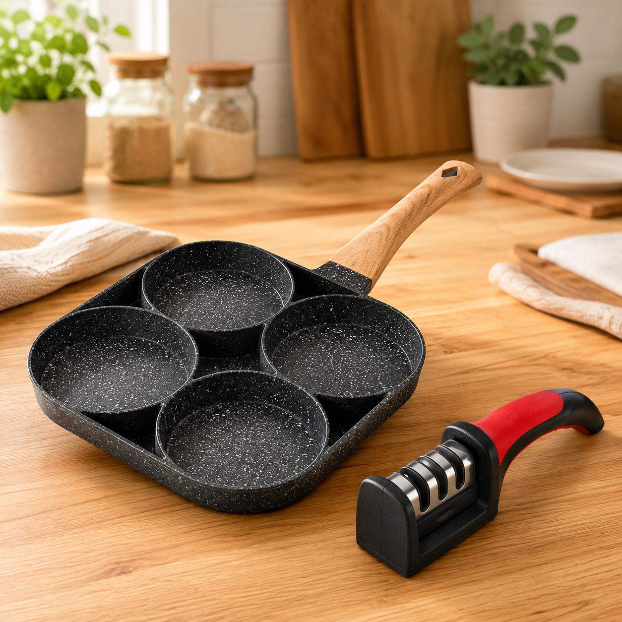 SARTÉN ANTIADHERENTE 4 EN 1 PARA COCINA RÁPIDA + AFILADOR DE CUCHILLOS DE REGALO