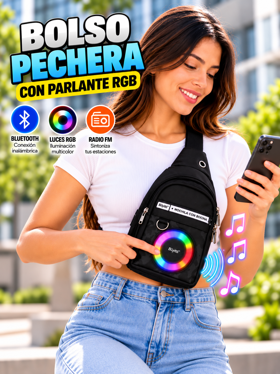 BOLSO PECHERA CON PARLANTE RGB 🔊✨🎒
