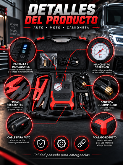 ARRANCADOR PORTÁTIL DE BATERÍAS PARA AUTO, MOTO Y CAMIONETA🚗⚡