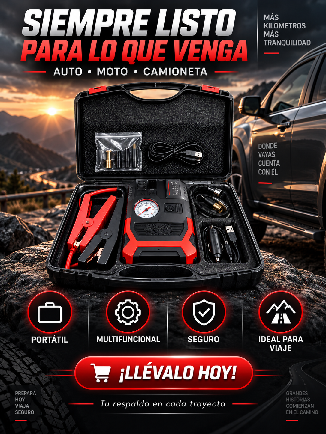 ARRANCADOR PORTÁTIL DE BATERÍAS PARA AUTO, MOTO Y CAMIONETA🚗⚡