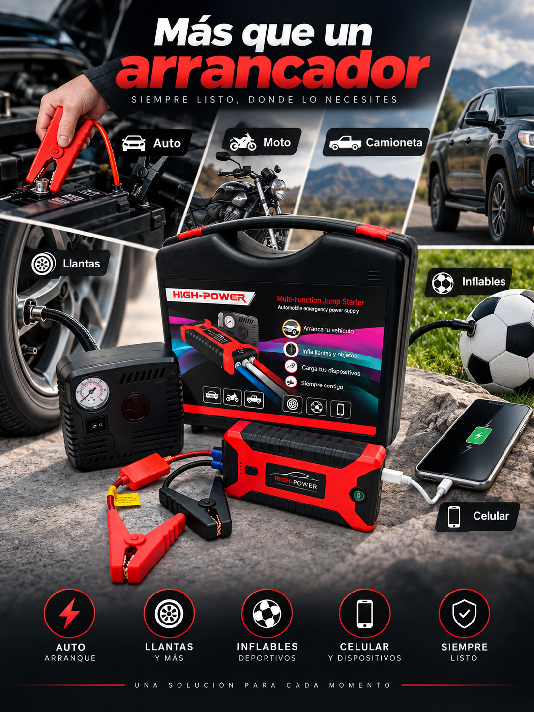 ARRANCADOR PORTÁTIL DE BATERÍAS PARA AUTO, MOTO Y CAMIONETA🚗⚡