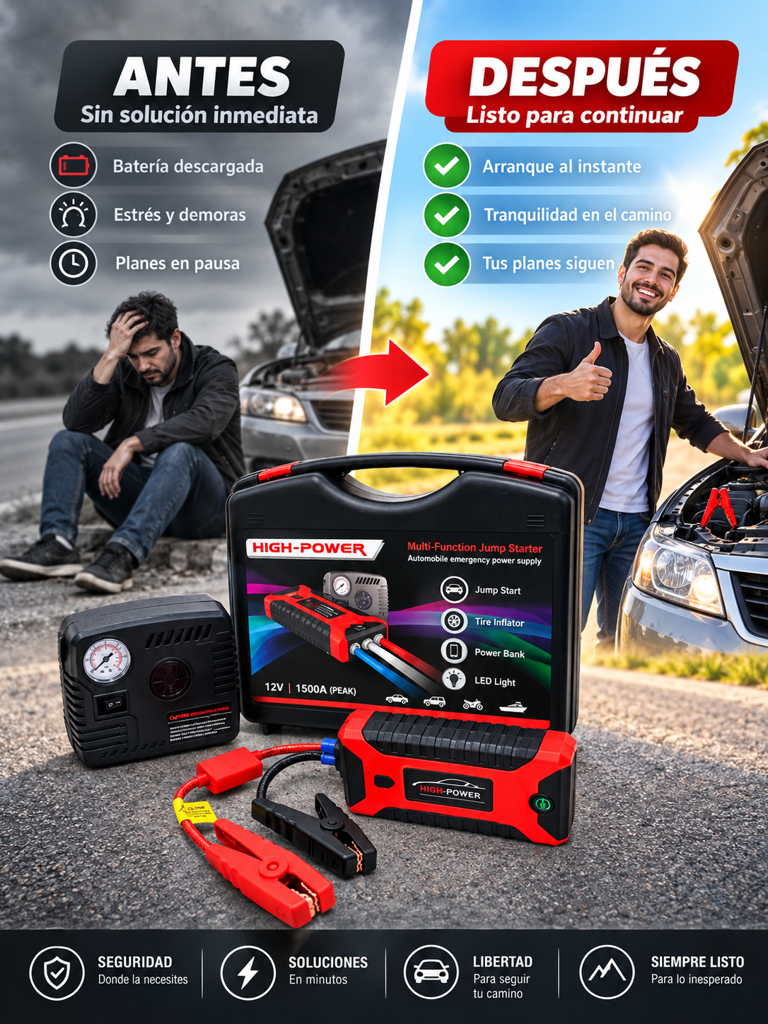 ARRANCADOR PORTÁTIL DE BATERÍAS PARA AUTO, MOTO Y CAMIONETA🚗⚡