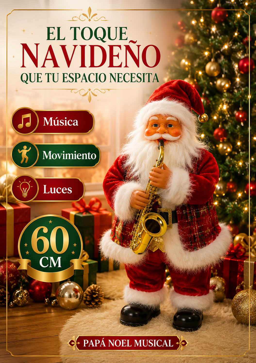 MUÑECO NAVIDEÑO PAPÁ NOEL BAILARÍN MUSICAL 60 CM