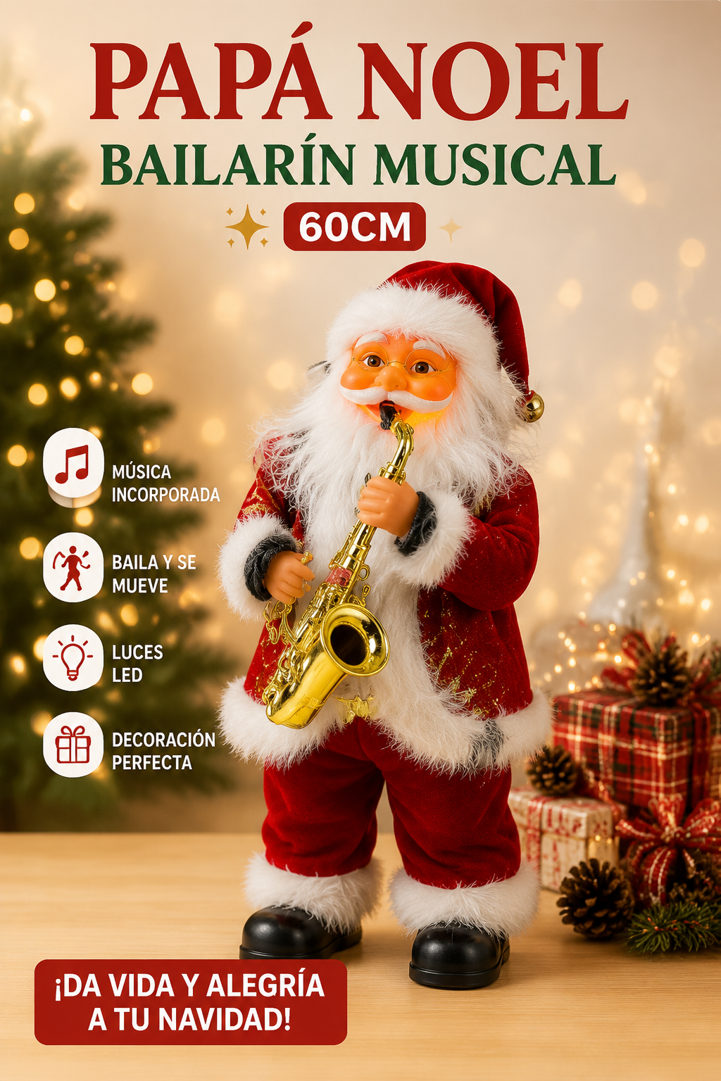 MUÑECO NAVIDEÑO PAPÁ NOEL BAILARÍN MUSICAL 60 CM