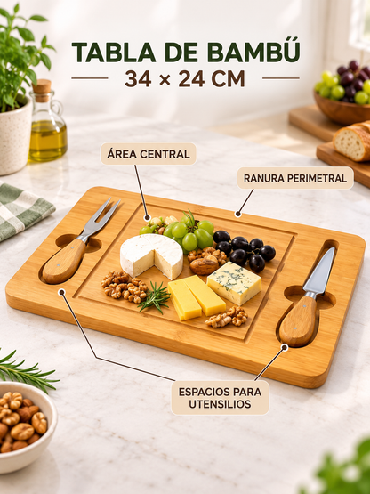 TABLA APERITIVO DE BAMBÚ CON UTENSILIOS 🎋 🧀✨
