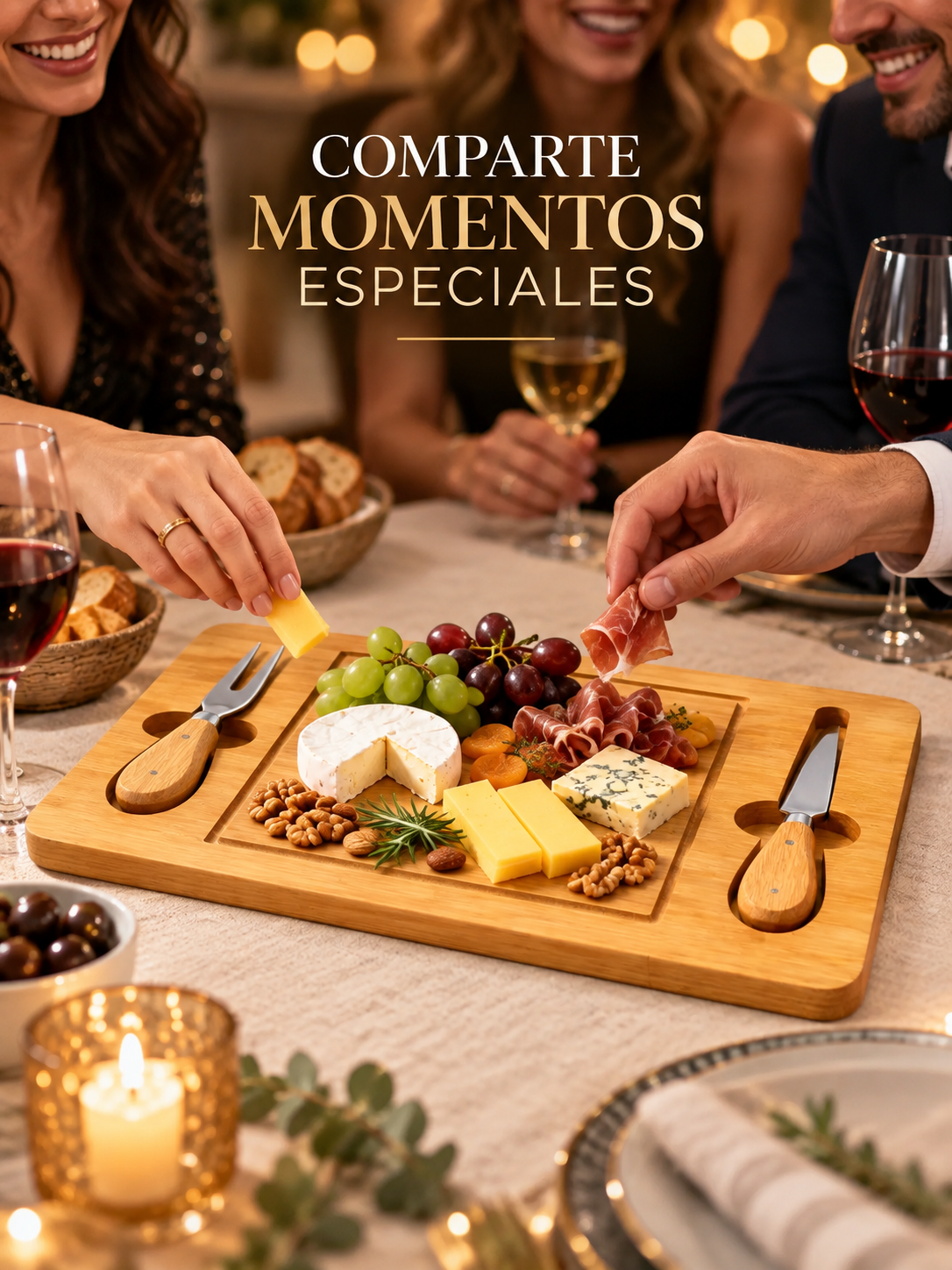 TABLA APERITIVO DE BAMBÚ CON UTENSILIOS 🎋 🧀✨
