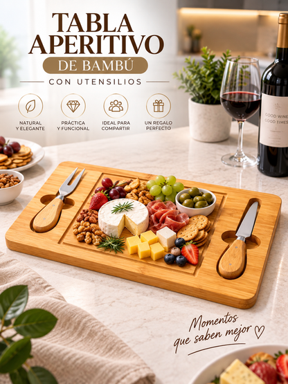TABLA APERITIVO DE BAMBÚ CON UTENSILIOS 🎋 🧀✨