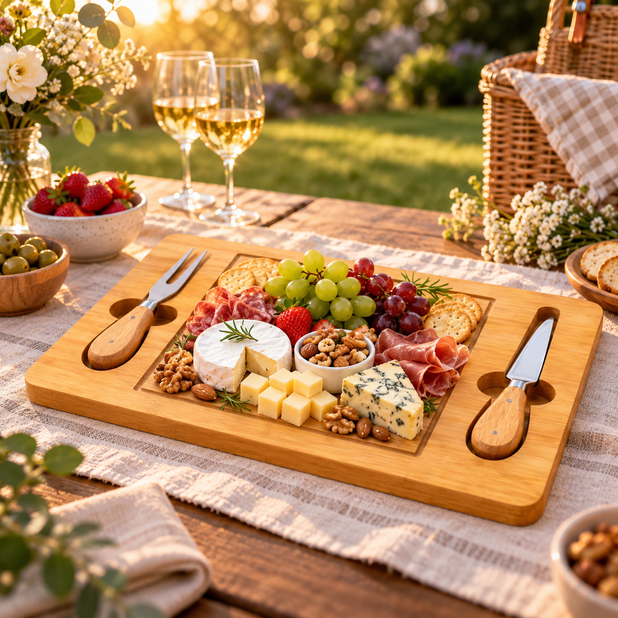 TABLA APERITIVO DE BAMBÚ CON UTENSILIOS 🎋 🧀✨