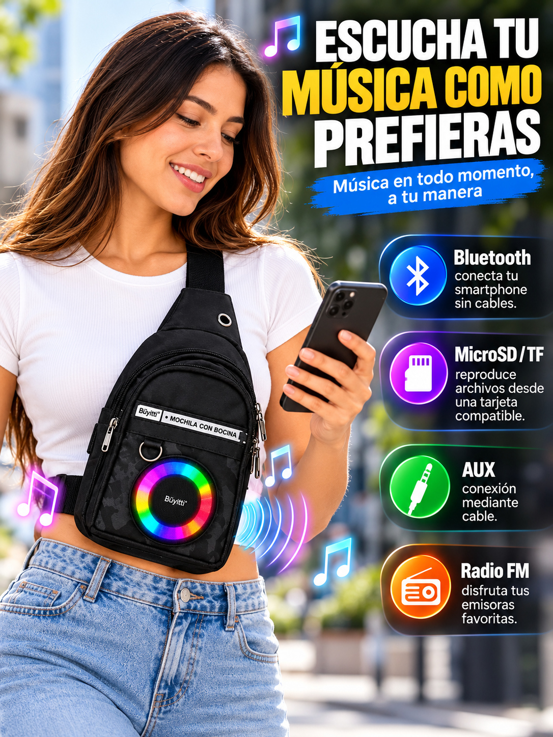 BOLSO PECHERA CON PARLANTE RGB 🔊✨🎒