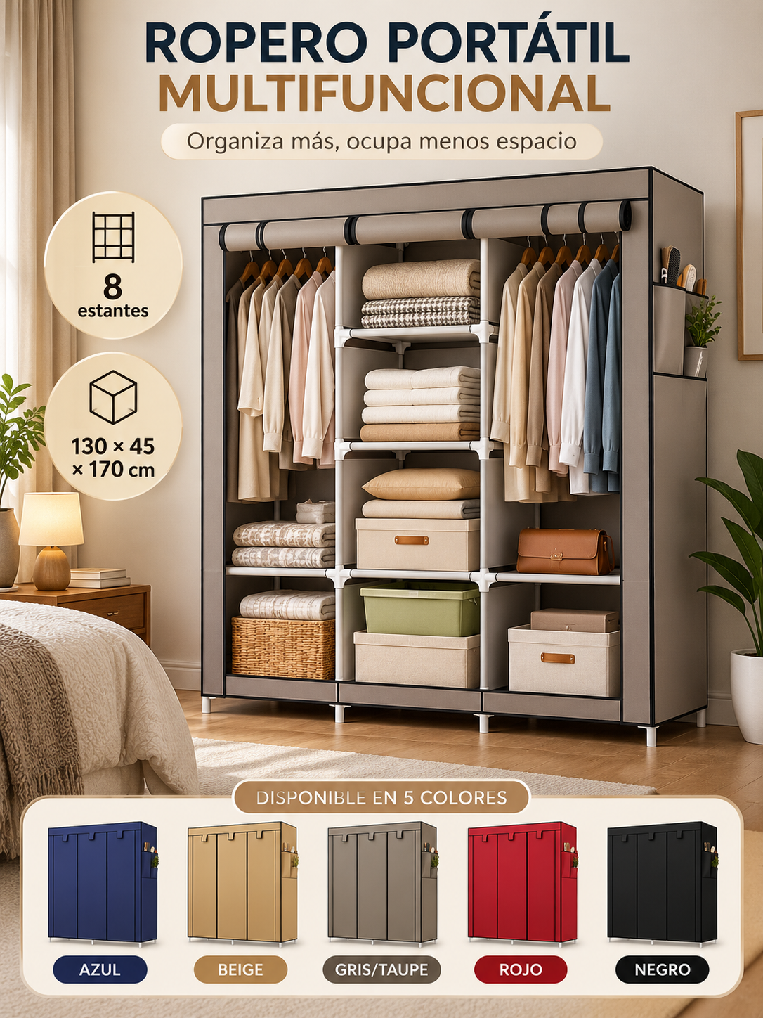 ROPERO PORTÁTIL MULTIFUNCIONAL DE 8 ESTANTES 👕🏡