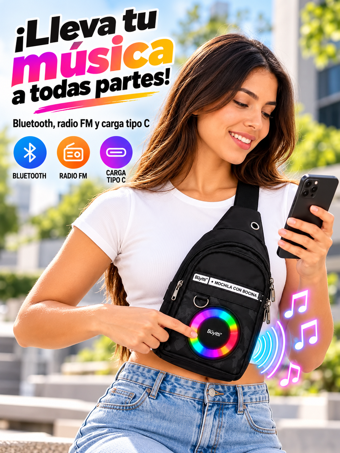 BOLSO PECHERA CON PARLANTE RGB 🔊✨🎒