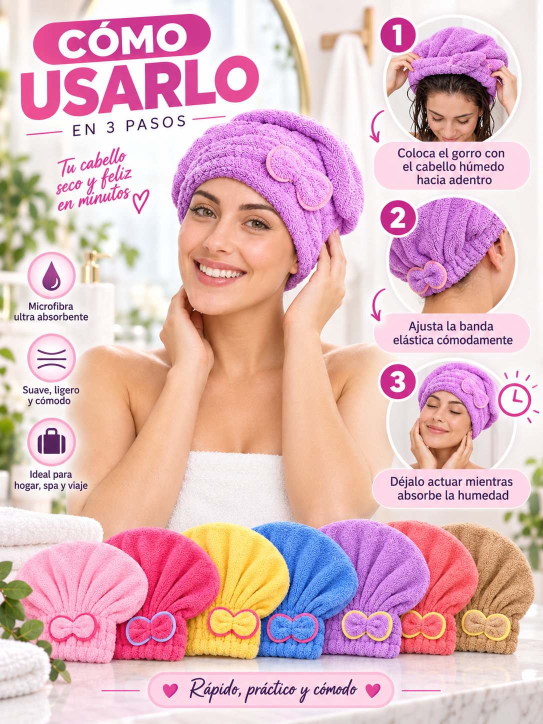PACK X3 GORROS DE MICROFIBRA PARA CABELLO 🎀 ✨