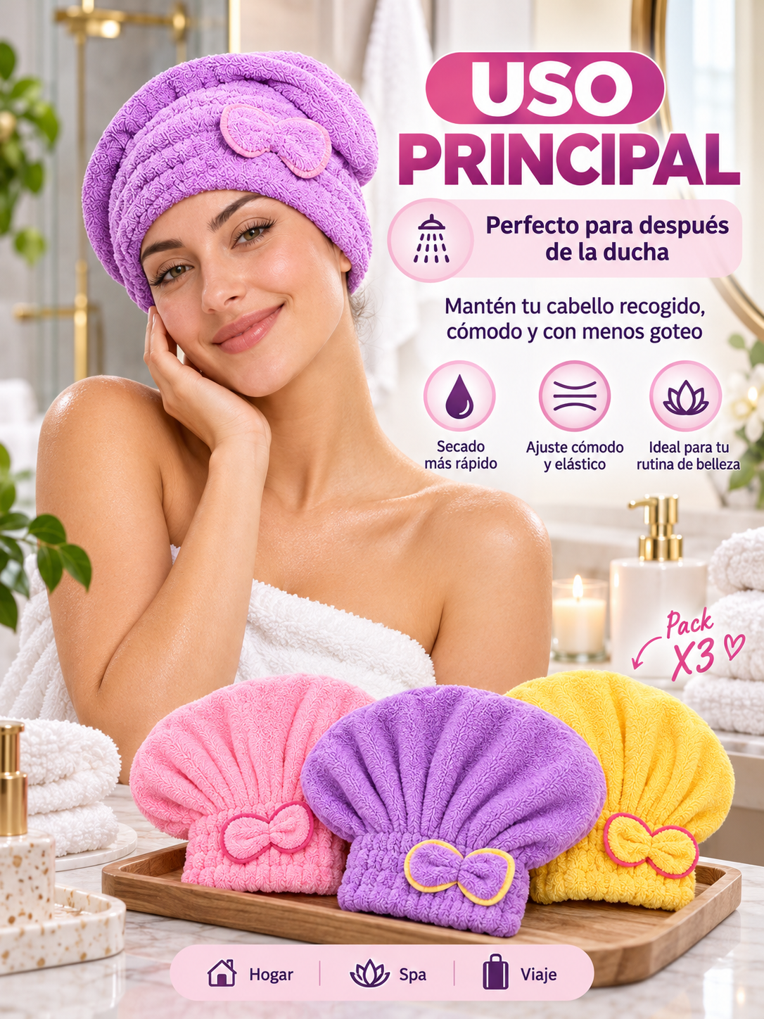 PACK X3 GORROS DE MICROFIBRA PARA CABELLO 🎀 ✨
