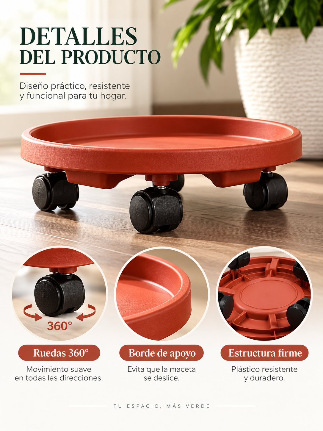 BASE RODANTE PARA MACETAS CON RUEDAS GIRATORIAS