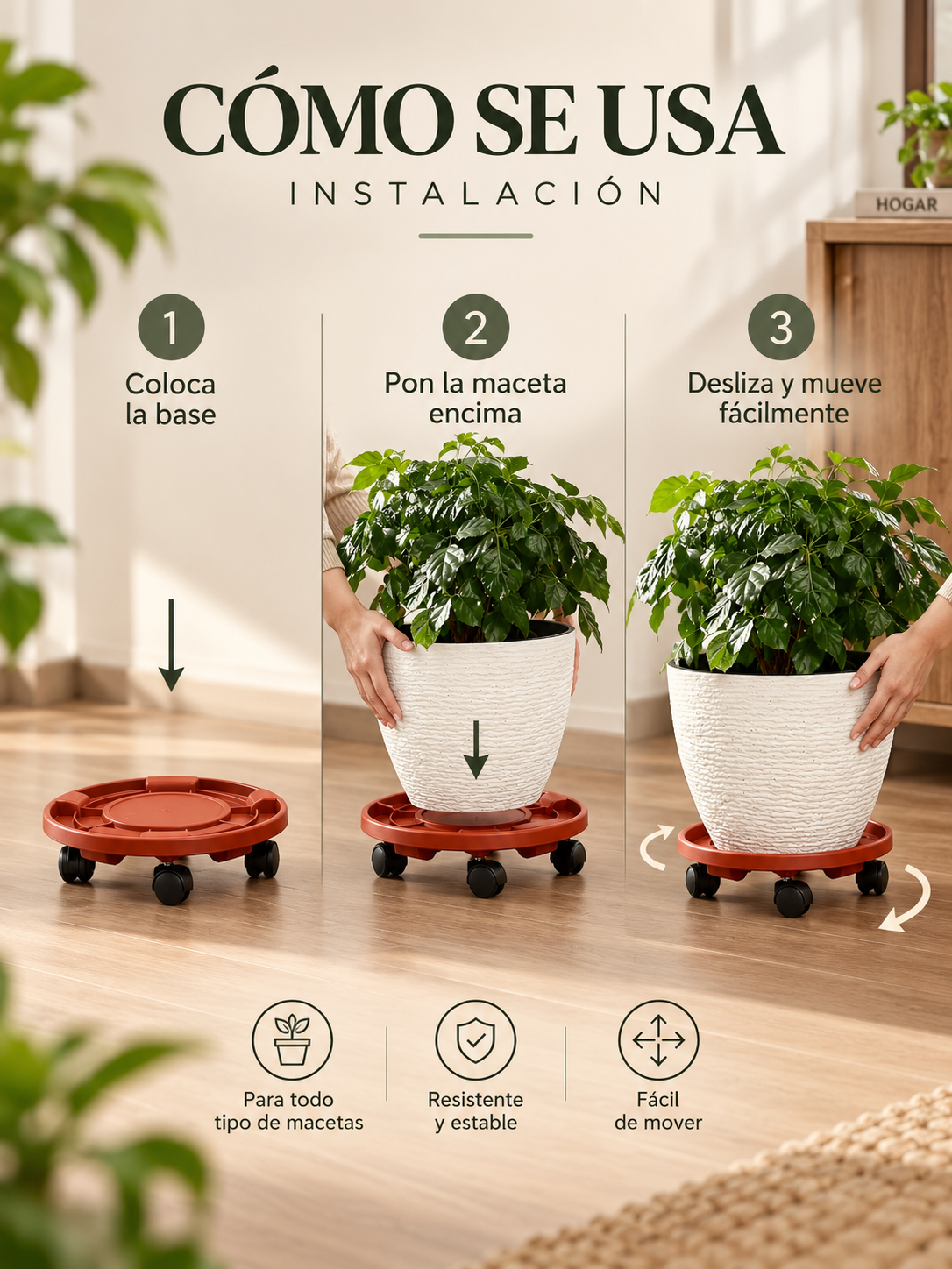 BASE RODANTE PARA MACETAS CON RUEDAS GIRATORIAS