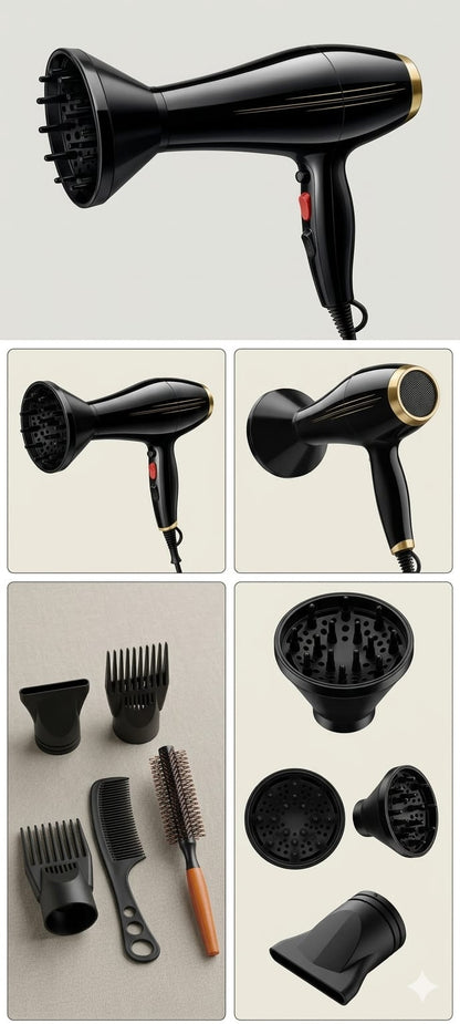 TurboGlow Pro 5000 – Secadora Profesional con Aire Frío/Caliente y Accesorios