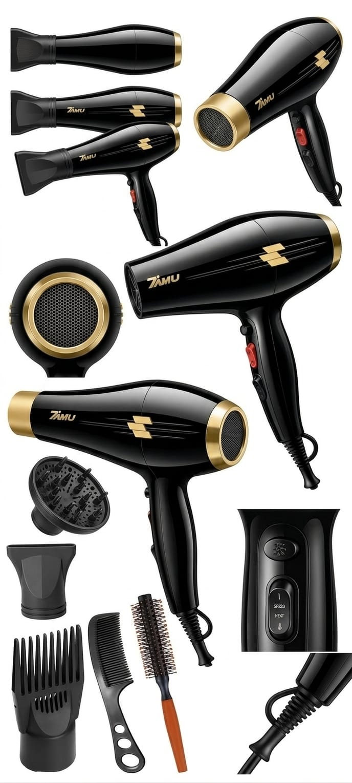 TurboGlow Pro 5000 – Secadora Profesional con Aire Frío/Caliente y Accesorios