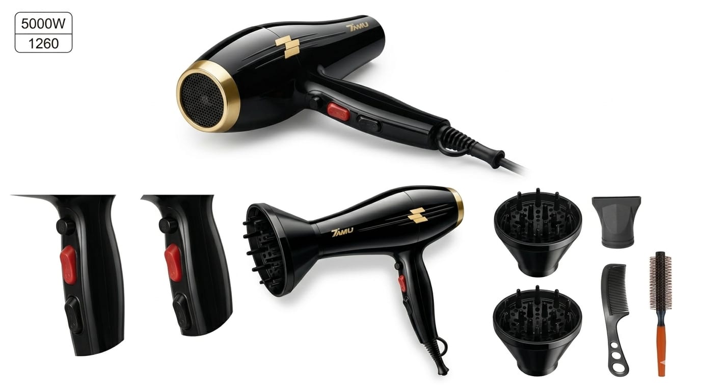 TurboGlow Pro 5000 – Secadora Profesional con Aire Frío/Caliente y Accesorios