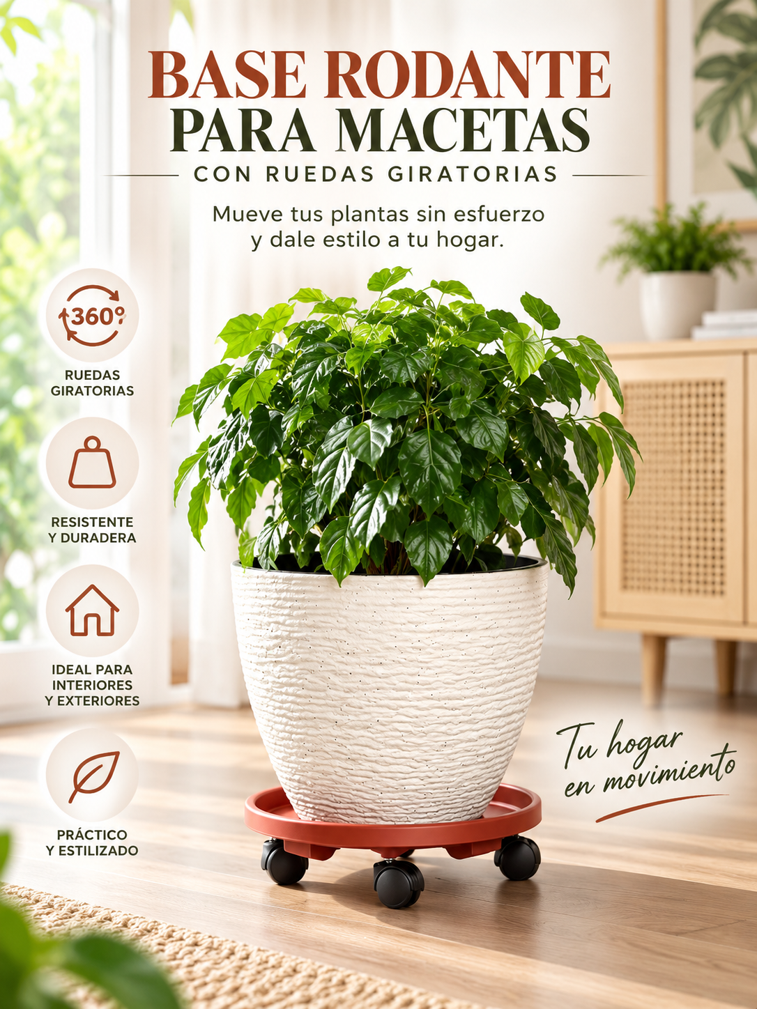 BASE RODANTE PARA MACETAS CON RUEDAS GIRATORIAS