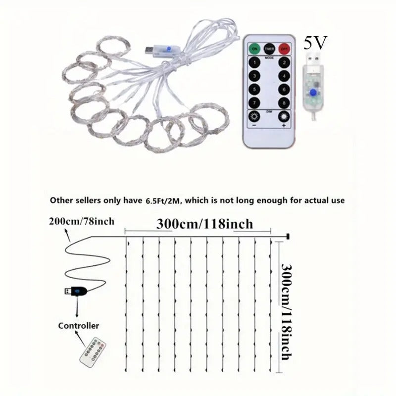 Cortina de Luces LED Blancas USB (300 LEDs)