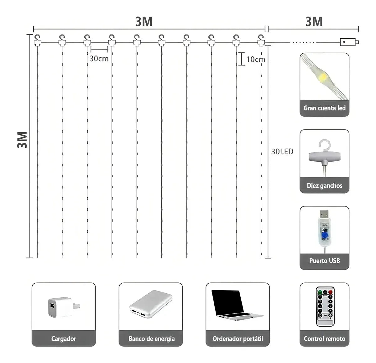Cortina de Luces LED Multicolor con Control (3×3 m / 3×2 m)