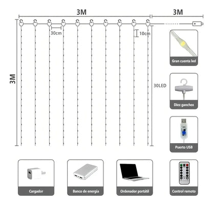 Cortina de Luces LED Multicolor con Control (3×3 m / 3×2 m)