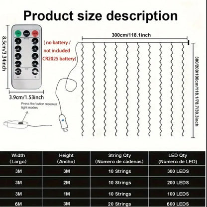 Cortina de Luces LED Multicolor con Control (3×3 m / 3×2 m)
