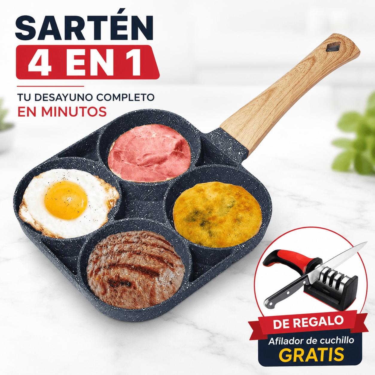 SARTÉN ANTIADHERENTE 4 EN 1 PARA COCINA RÁPIDA + AFILADOR DE CUCHILLOS DE REGALO